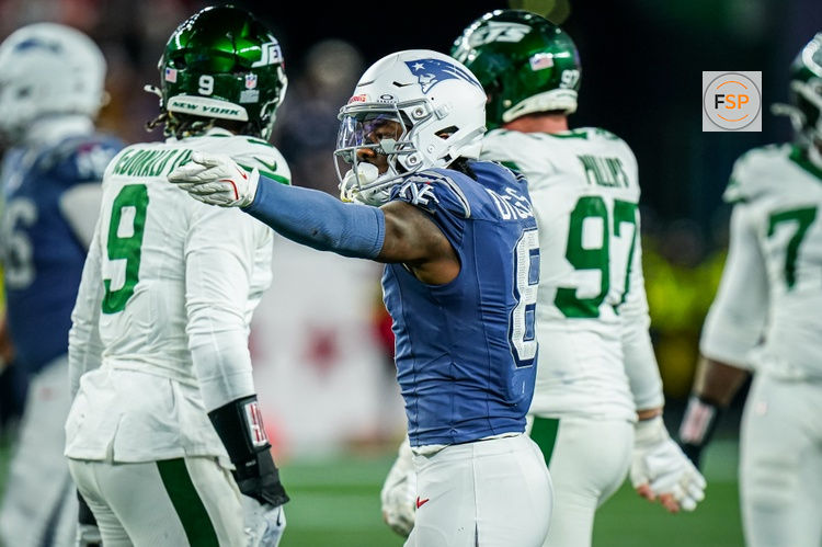 Nov 13, 2025; Foxborough, Massachusetts, USA; New England Patriots wide receiver Stefon Diggs (8) reacts after a first down play against the New York Jets in the fourth quarter at Gillette Stadium. Credit: David Butler II-Imagn Images