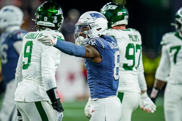 Nov 13, 2025; Foxborough, Massachusetts, USA; New England Patriots wide receiver Stefon Diggs (8) reacts after a first down play against the New York Jets in the fourth quarter at Gillette Stadium. Mandatory Credit: David Butler II-Imagn Images