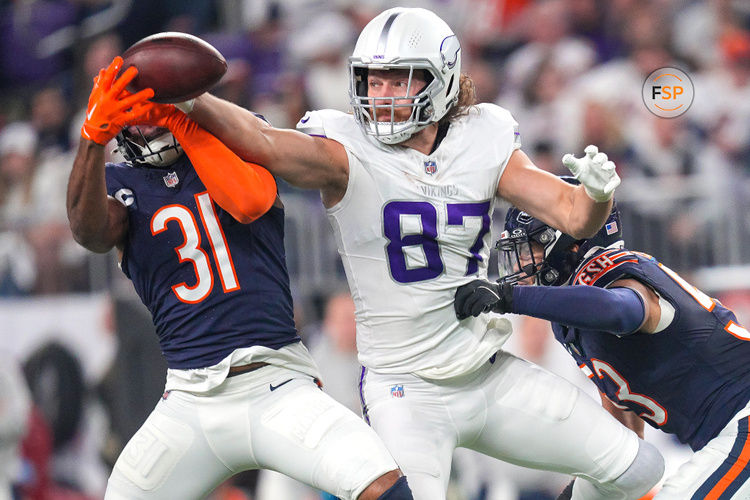 Dec 16, 2024; Minneapolis, Minnesota, USA; Chicago Bears safety Kevin Byard III (31) defends a pass to Minnesota Vikings tight end T.J. Hockenson (87) in the third quarter at U.S. Bank Stadium. Credit: Brad Rempel-Imagn Images