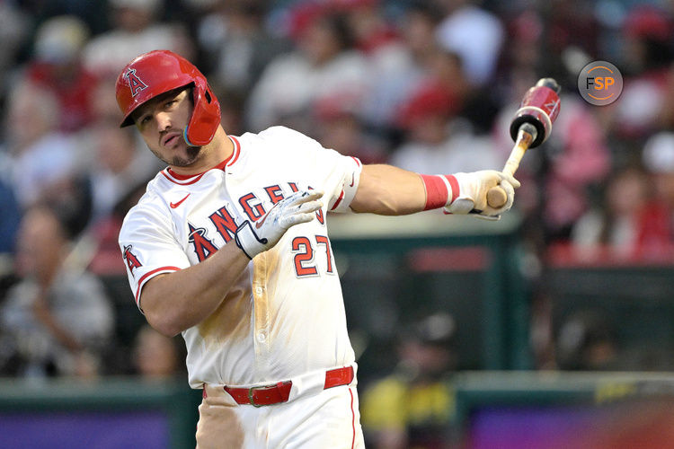 Apr 8, 2024; Anaheim, California, USA; Los Angeles Angels outfielder Mike Trout (27) on deck in the third inning against the Tampa Bay Rays at Angel Stadium. Credit: Jayne Kamin-Oncea-USA TODAY Sports