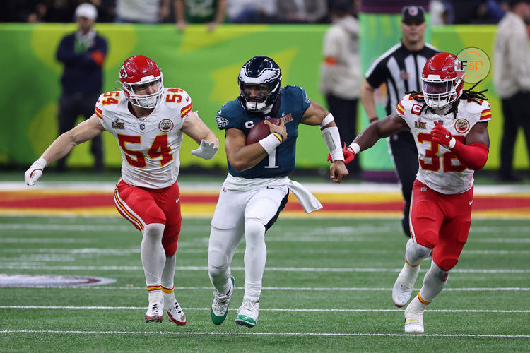 Feb 9, 2025; New Orleans, LA, USA; Philadelphia Eagles quarterback Jalen Hurts (1) runs with the ball against the Kansas City Chiefs during the second half of Super Bowl LIX at Caesars Superdome. Credit: Bill Streicher-Imagn Images