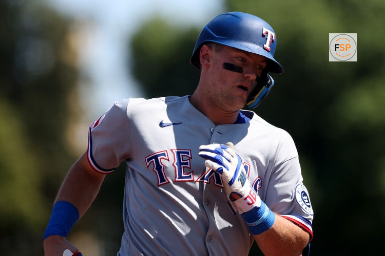 Aug 31, 2025; West Sacramento, California, USA; Texas Rangers third baseman Josh Jung (6) runs the bases after hitting a solo home run against the Athletics during the second inning at Sutter Health Park. Credit: Dennis Lee-Imagn Images