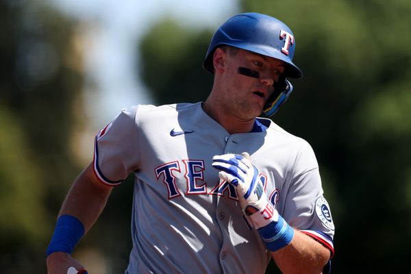 Aug 31, 2025; West Sacramento, California, USA; Texas Rangers third baseman Josh Jung (6) runs the bases after hitting a solo home run against the Athletics during the second inning at Sutter Health Park. Mandatory Credit: Dennis Lee-Imagn Images