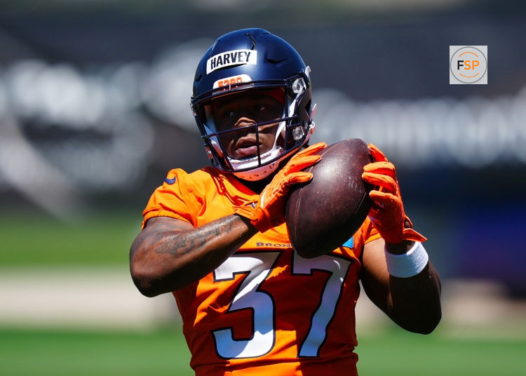 May 10, 2025; Englewood, CO, USA; Denver Broncos running back RJ Harvey (37) during rookie minicamp at Broncos Park Powered by CommonSpirit. Credit: Ron Chenoy-Imagn Images