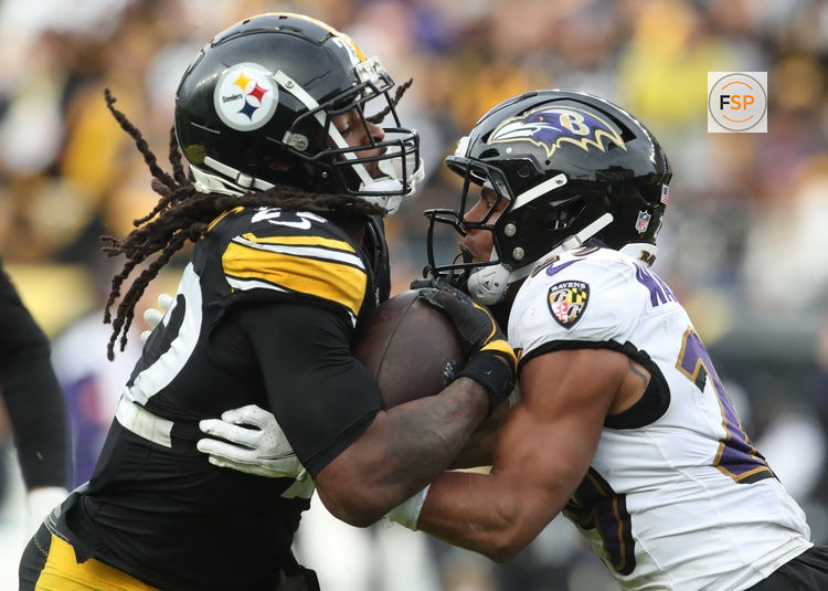 Nov 17, 2024; Pittsburgh, Pennsylvania, USA;  Pittsburgh Steelers running back Najee Harris (22) carries the ball against Baltimore Ravens safety Ar'Darius Washington (29) during the fourth quarter at Acrisure Stadium. Credit: Charles LeClaire-Imagn Images
