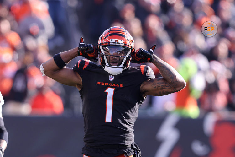 Dec 22, 2024; Cincinnati, Ohio, USA;  Cincinnati Bengals wide receiver Ja'Marr Chase (1) celebrates a first down catch during the first quarter against the Cleveland Browns at Paycor Stadium. Credit: Joseph Maiorana-Imagn Images