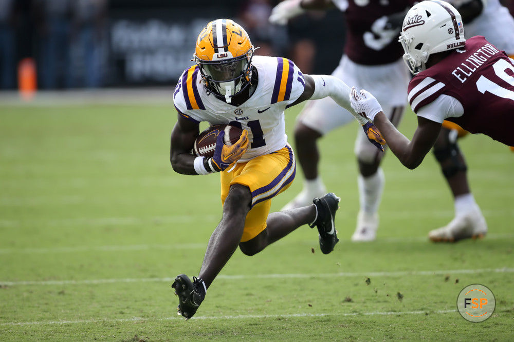STARKVILLE, MS - SEPTEMBER 16: LSU Tigers wide receiver Brian Thomas Jr. (11) during the game between the Mississippi State Bulldogs and the LSU Tigers on September 16, 2023 at Davis Wade Stadium in Starkville, Mississippi.  (Photo by Michael Wade/Icon Sportswire)