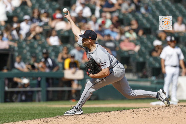 Aug 13, 2025; Chicago, Illinois, USA; Detroit Tigers relief pitcher Will Vest (19) delivers a pitch against the Chicago White Sox during the ninth inning at Rate Field. Credit: Kamil Krzaczynski-Imagn Images