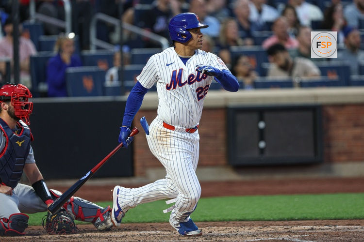 Jun 9, 2026; New York City, New York, USA; New York Mets left fielder Juan Soto (22) singles during the fourth inning against the St. Louis Cardinals at Citi Field. Credit: Vincent Carchietta-Imagn Images