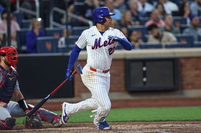 Jun 9, 2026; New York City, New York, USA; New York Mets left fielder Juan Soto (22) singles during the fourth inning against the St. Louis Cardinals at Citi Field. Mandatory Credit: Vincent Carchietta-Imagn Images