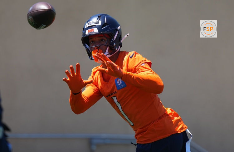Jun 10, 2025; Denver, CO, USA; Denver Broncos tight end Evan Engram (1) during minicamp at Broncos Park Powered by CommonSpirit. Credit: Ron Chenoy-Imagn Images