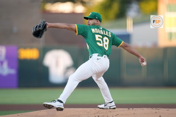 Aug 27, 2025; West Sacramento, California, USA; Athletics pitcher Luis Morales (58) prepares to deliver a pitch against the Detroit Tigers in the first inning at Sutter Health Park. Credit: Cary Edmondson-Imagn Images