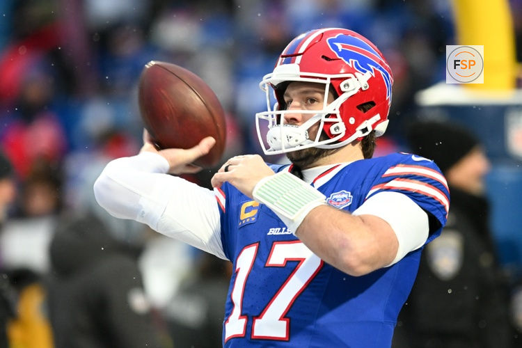 Jan 4, 2026; Orchard Park, New York, USA; Buffalo Bills quarterback Josh Allen (17) warms up before the game against the New York Jets at Highmark Stadium. Credit: Mark Konezny-Imagn Images