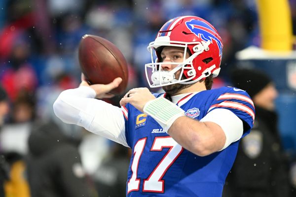 Jan 4, 2026; Orchard Park, New York, USA; Buffalo Bills quarterback Josh Allen (17) warms up before the game against the New York Jets at Highmark Stadium. Mandatory Credit: Mark Konezny-Imagn Images