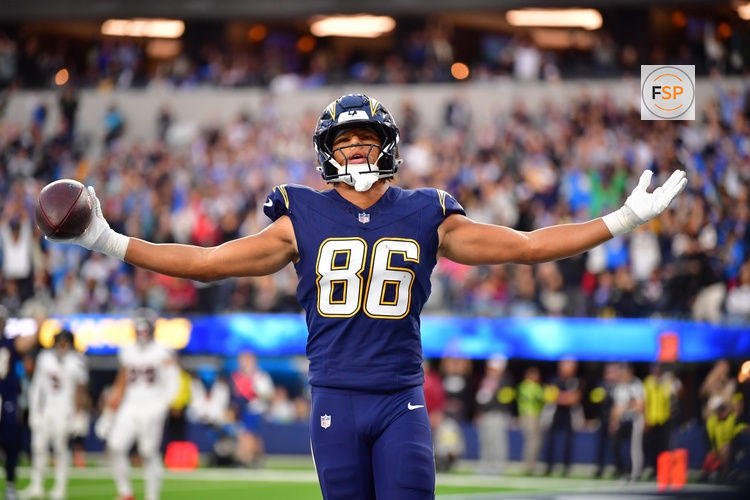 Dec 27, 2025; Inglewood, California, USA;  Los Angeles Chargers tight end Oronde Gadsden (86) reacts after catching a touchdown pass against the Houston Texans during the second half at SoFi Stadium. Credit: Gary A. Vasquez-Imagn Images