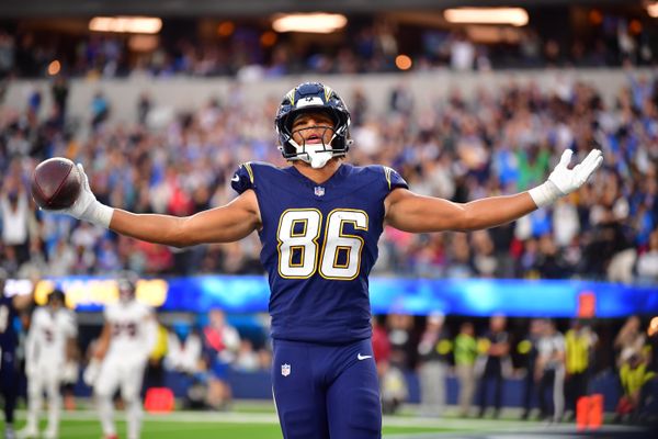 Dec 27, 2025; Inglewood, California, USA;  Los Angeles Chargers tight end Oronde Gadsden (86) reacts after catching a touchdown pass against the Houston Texans during the second half at SoFi Stadium. Mandatory Credit: Gary A. Vasquez-Imagn Images