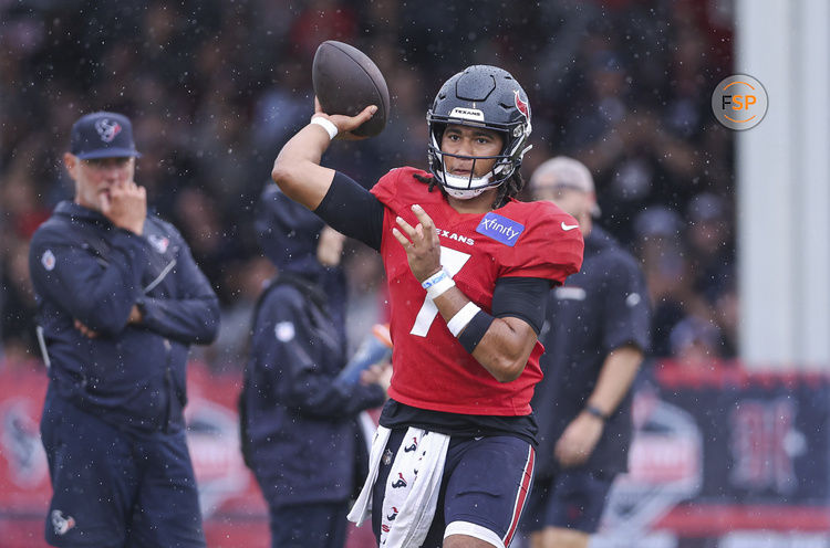 Jul 27, 2024; Houston, TX, USA; Houston Texans quarterback C.J. Stroud (7) during training camp at Houston Methodist Training Center. Credit: Troy Taormina-USA TODAY Sports