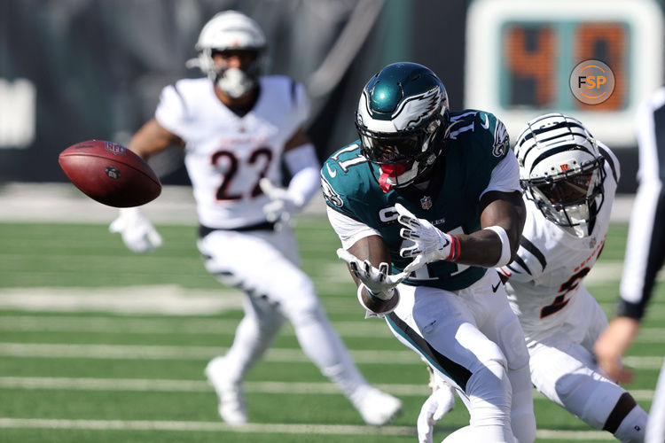 Oct 27, 2024; Cincinnati, Ohio, USA;  Philadelphia Eagles wide receiver A.J. Brown (11) catches a pass during the first quarter against the Cincinnati Bengals at Paycor Stadium. Credit: Joseph Maiorana-Imagn Images