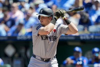 May 25, 2026; Kansas City, Missouri, USA; New York Yankees designated hitter Ben Rice (22) bats during the first inning against the Kansas City Royals at Kauffman Stadium. Mandatory Credit: Jay Biggerstaff-Imagn Images