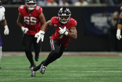 Oct 11, 2026; Atlanta, Georgia, USA;  Atlanta Falcons running back Bijan Robinson (7) runs during the third quarter against the Baltimore Ravens at Mercedes-Benz Stadium.  Mandatory Credit: Brett Davis-Imagn Images