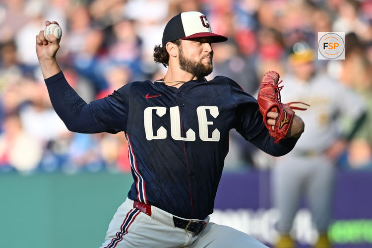 Jul 18, 2025; Cleveland, Ohio, USA; Cleveland Guardians starting pitcher Slade Cecconi (44) throws a pitch during the first inning against the Athletics at Progressive Field. Credit: Ken Blaze-Imagn Images