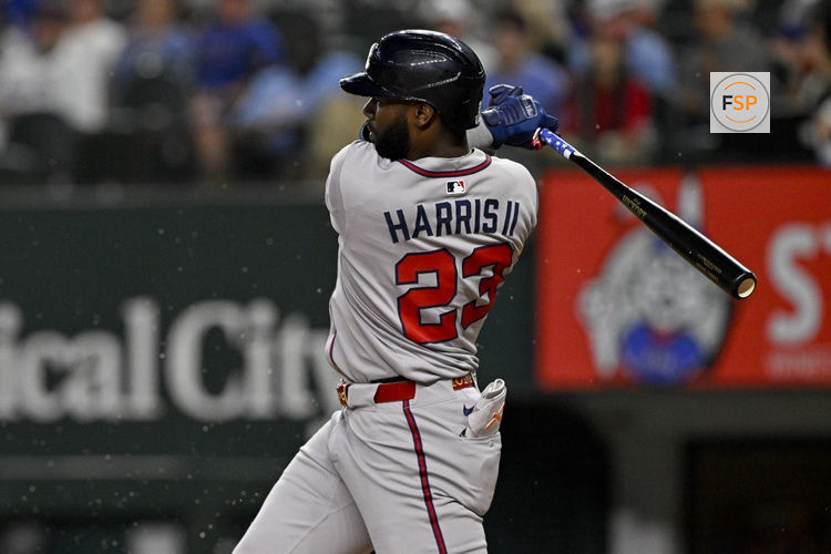Jul 25, 2025; Arlington, Texas, USA; Atlanta Braves center fielder Michael Harris II (23) in action during the game between the Texas Rangers and the Atlanta Braves at Globe Life Field. Credit: Jerome Miron-Imagn Images