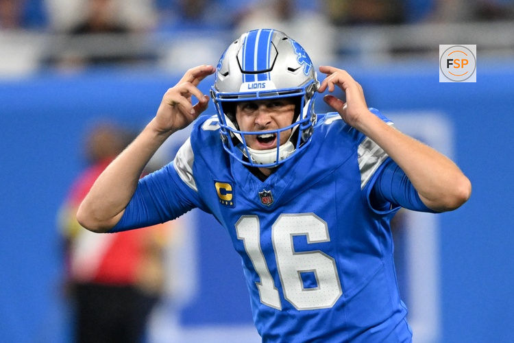 Sep 14, 2025; Detroit, Michigan, USA; Detroit Lions quarterback Jared Goff (16) calls out a play at the line of scrimmage against the Chicago Bears during the first quarter of the game at Ford Field. Credit: Lon Horwedel-Imagn Images