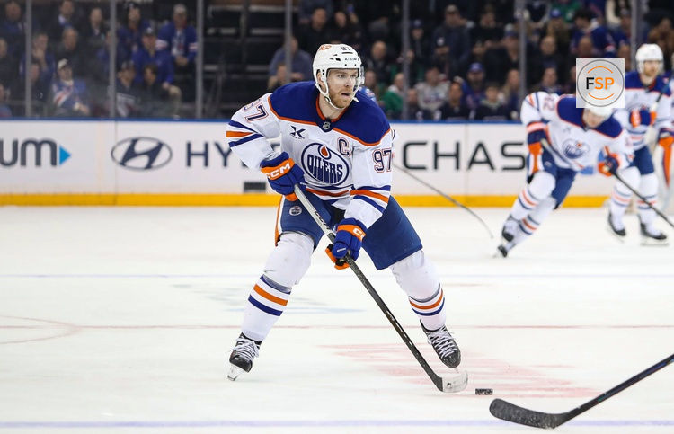 Mar 16, 2025; New York, New York, USA; Edmonton Oilers center Connor McDavid (97) skates against the New York Rangers during the third period at Madison Square Garden. Credit: Danny Wild-Imagn Images