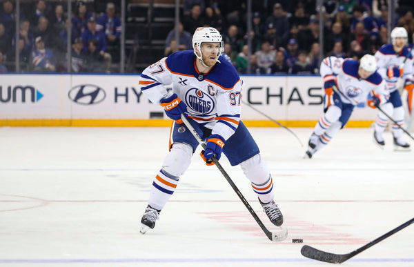 Mar 16, 2025; New York, New York, USA; Edmonton Oilers center Connor McDavid (97) skates against the New York Rangers during the third period at Madison Square Garden. Mandatory Credit: Danny Wild-Imagn Images