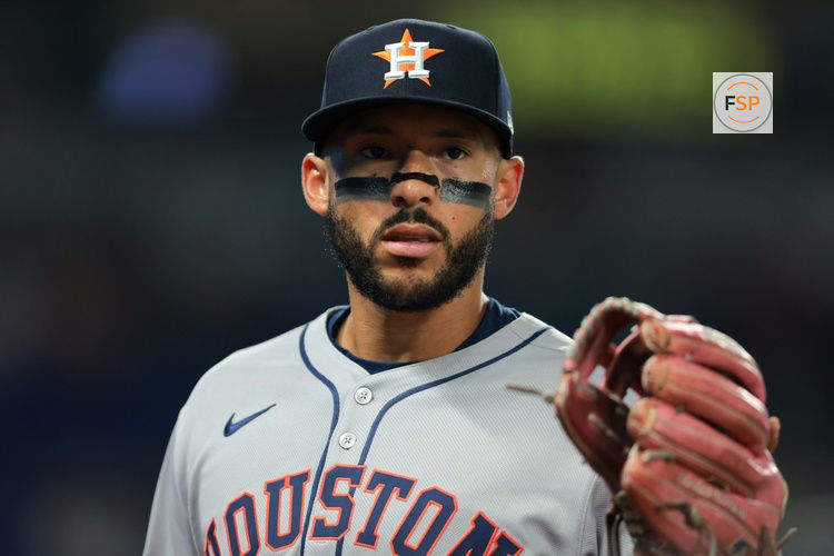 Aug 4, 2025; Miami, Florida, USA; Houston Astros third baseman Carlos Correa (1) looks on against the Miami Marlins during the eighth inning at loanDepot Park. Credit: Sam Navarro-Imagn Images