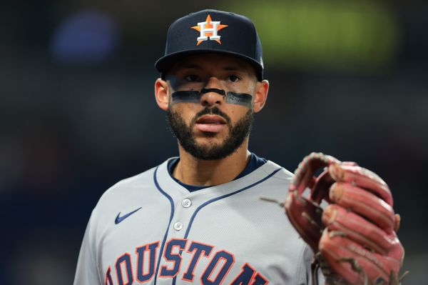 Aug 4, 2025; Miami, Florida, USA; Houston Astros third baseman Carlos Correa (1) looks on against the Miami Marlins during the eighth inning at loanDepot Park. Mandatory Credit: Sam Navarro-Imagn Images