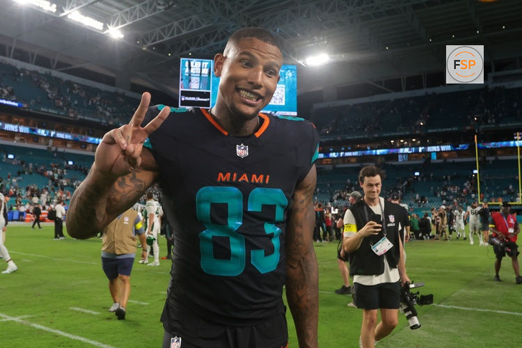 Sep 29, 2025; Miami Gardens, Florida, USA; Miami Dolphins tight end Darren Waller (83) reacts after the game against the New York Jets at Hard Rock Stadium. Credit: Sam Navarro-Imagn Images