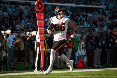 Dec 1, 2024; Jacksonville, Florida, USA; Houston Texans tight end Dalton Schultz (86) runs after the catch for a touchdown against the Jacksonville Jaguars in the fourth quarter at EverBank Stadium. Mandatory Credit: Jeremy Reper-Imagn Images