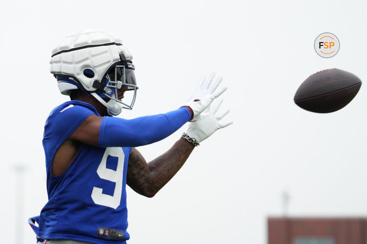 Jul 25, 2024; East Rutherford, NY, USA; New York Giants wide receiver Malik Nabers (9) catches a pass during training camp at Quest Diagnostics Training Center. Credit: Lucas Boland-USA TODAY Sports