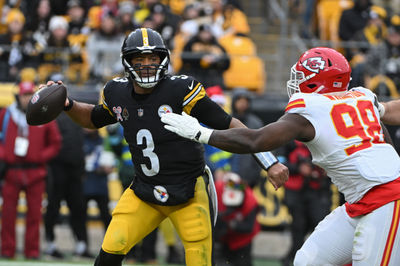 Dec 25, 2024; Pittsburgh, Pennsylvania, USA; Kansas City Chiefs defensive tackle Tershawn Wharton (98) presses Pittsburgh Steelers quarterback Russell Wilson (3) during the second half at Acrisure Stadium. Mandatory Credit: Barry Reeger-Imagn Images