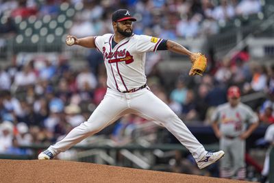 Jul 1, 2026; Cumberland, Georgia, USA; Atlanta Braves pitcher Reynaldo Lopez (40) pitches against the St. Louis Cardinals during the first inning at Truist Park. Mandatory Credit: Dale Zanine-Imagn Images