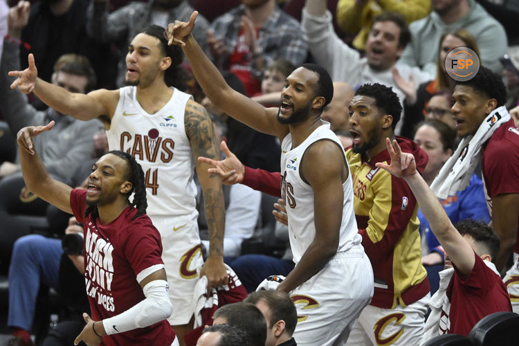 Feb 10, 2025; Cleveland, Ohio, USA; The Cleveland Cavaliers celebrate in the fourth quarter against the Minnesota Timberwolves at Rocket Mortgage FieldHouse. Credit: David Richard-Imagn Images