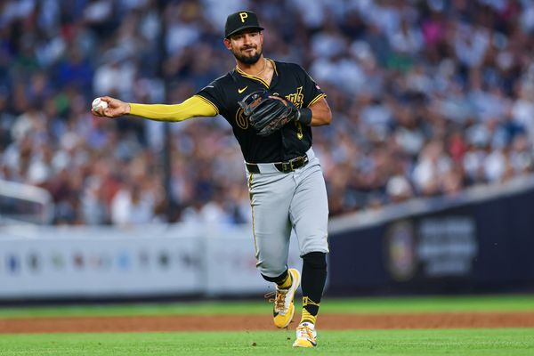 Jul 20, 2026; Bronx, New York, USA; Pittsburgh Pirates third baseman Nick Gonzales (3) throws the ball to first base a ground ball hit by New York Yankees catcher Austin Wells (not pictured) during the third inning at Yankee Stadium. Mandatory Credit: Vincent Carchietta-Imagn Images
