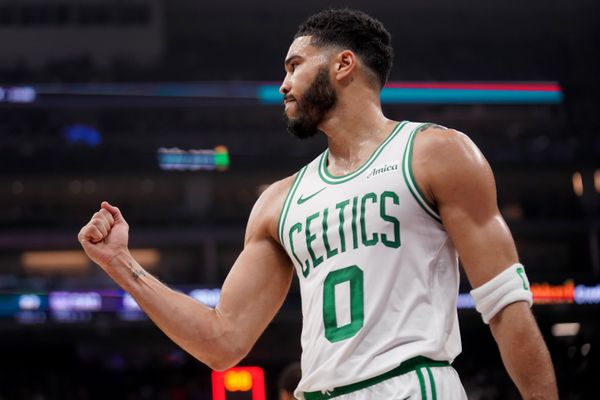 Mar 24, 2025; Sacramento, California, USA; Boston Celtics forward Jayson Tatum (0) pumps his fist after the Celtics made a basket at the end of the first quarter against the Sacramento Kings at the Golden 1 Center. Mandatory Credit: Cary Edmondson-Imagn Images