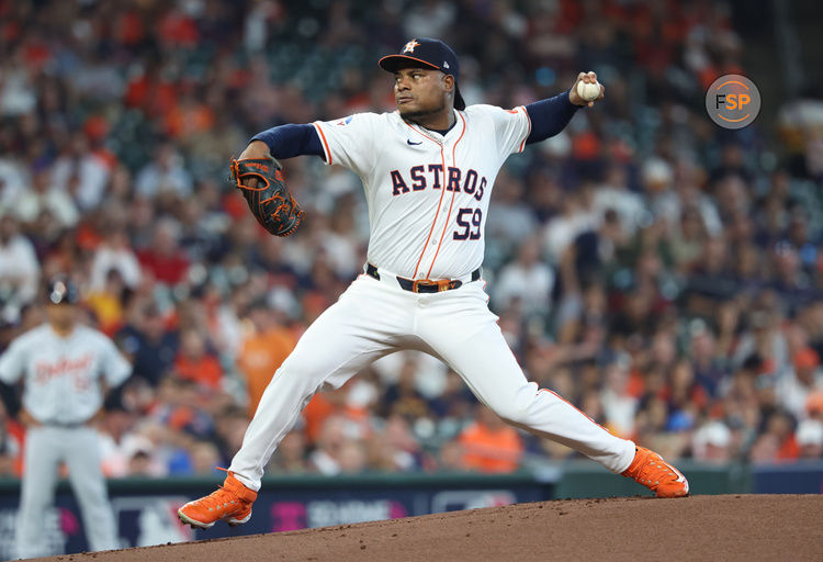 Oct 1, 2024; Houston, Texas, USA; Houston Astros pitcher Framber Valdez (59) throws a pitch in the first inning against the Detroit Tigers in game one of the Wild Card round for the 2024 MLB Playoffs at Minute Maid Park. Credit: Troy Taormina-Imagn Images