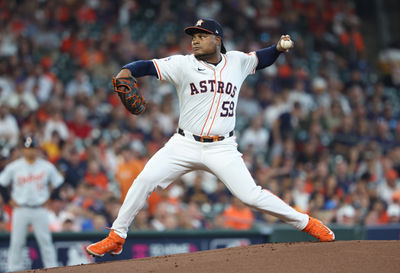 Oct 1, 2024; Houston, Texas, USA; Houston Astros pitcher Framber Valdez (59) throws a pitch in the first inning against the Detroit Tigers in game one of the Wild Card round for the 2024 MLB Playoffs at Minute Maid Park. Mandatory Credit: Troy Taormina-Imagn Images