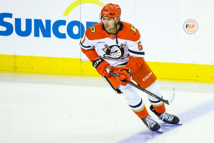 Oct 10, 2026; Calgary, Alberta, CAN; Anaheim Ducks left wing Cutter Gauthier (61) skates during the warmup period against the Calgary Flames at Scotiabank Saddledome. Credit: Sergei Belski-Imagn Images