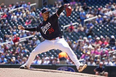 Jun 14, 2026; Minneapolis, Minnesota, USA; Minnesota Twins starting pitcher Taj Bradley (26) throws to the St. Louis Cardinals in the second inning at Target Field. Mandatory Credit: Bruce Kluckhohn-Imagn Images