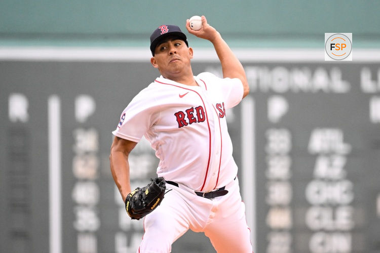 Apr 5, 2026; Boston, Massachusetts, USA; Boston Red Sox starting pitcher Ranger Suarez (55) pitches against the San Diego Padres during the first inning at Fenway Park. Credit: Eric Canha-Imagn Images