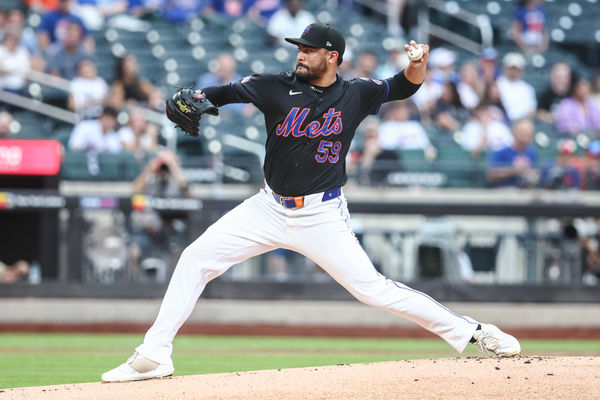 Jul 12, 2024; New York City, New York, USA;  New York Mets starting pitcher Sean Manaea (59) pitches in the first inning against the Colorado Rockies at Citi Field. Mandatory Credit: Wendell Cruz-USA TODAY Sports