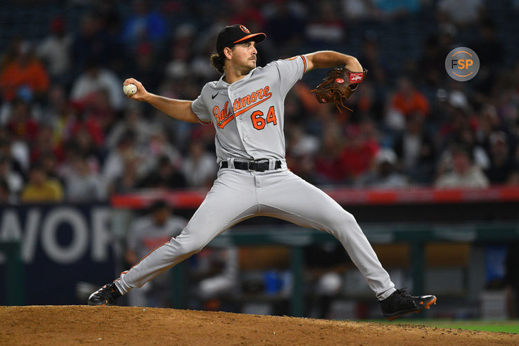 ANAHEIM, CA - SEPTEMBER 05: Baltimore Orioles pitcher Dean Kremer (64) throws a pitch during the MLB game between the Baltimore Orioles and the Los Angeles Angels of Anaheim on September 5, 2023 at Angel Stadium of Anaheim in Anaheim, CA. (Photo by Brian Rothmuller/Icon Sportswire)
