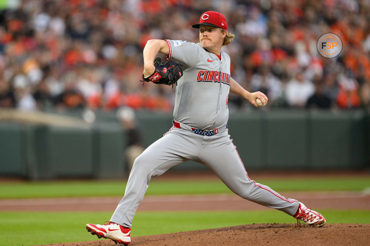 Apr 18, 2025; Baltimore, Maryland, USA; Cincinnati Reds pitcher Andrew Abbott (41) throws a pitch during the first inning against the Baltimore Orioles at Oriole Park at Camden Yards. Credit: Reggie Hildred-Imagn Images
