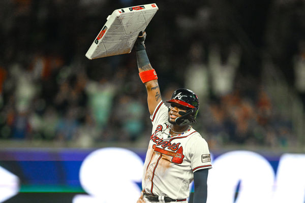 ATLANTA, GA – SEPTEMBER 27:  Atlanta right fielder Ronald Acuna Jr. (13) reacts after stealing his 70th base of the season during the MLB game between the Chicago Cubs and the Atlanta Braves on September 27th, 2023 at Truist Park in Atlanta, GA. (Photo by Rich von Biberstein/Icon Sportswire)