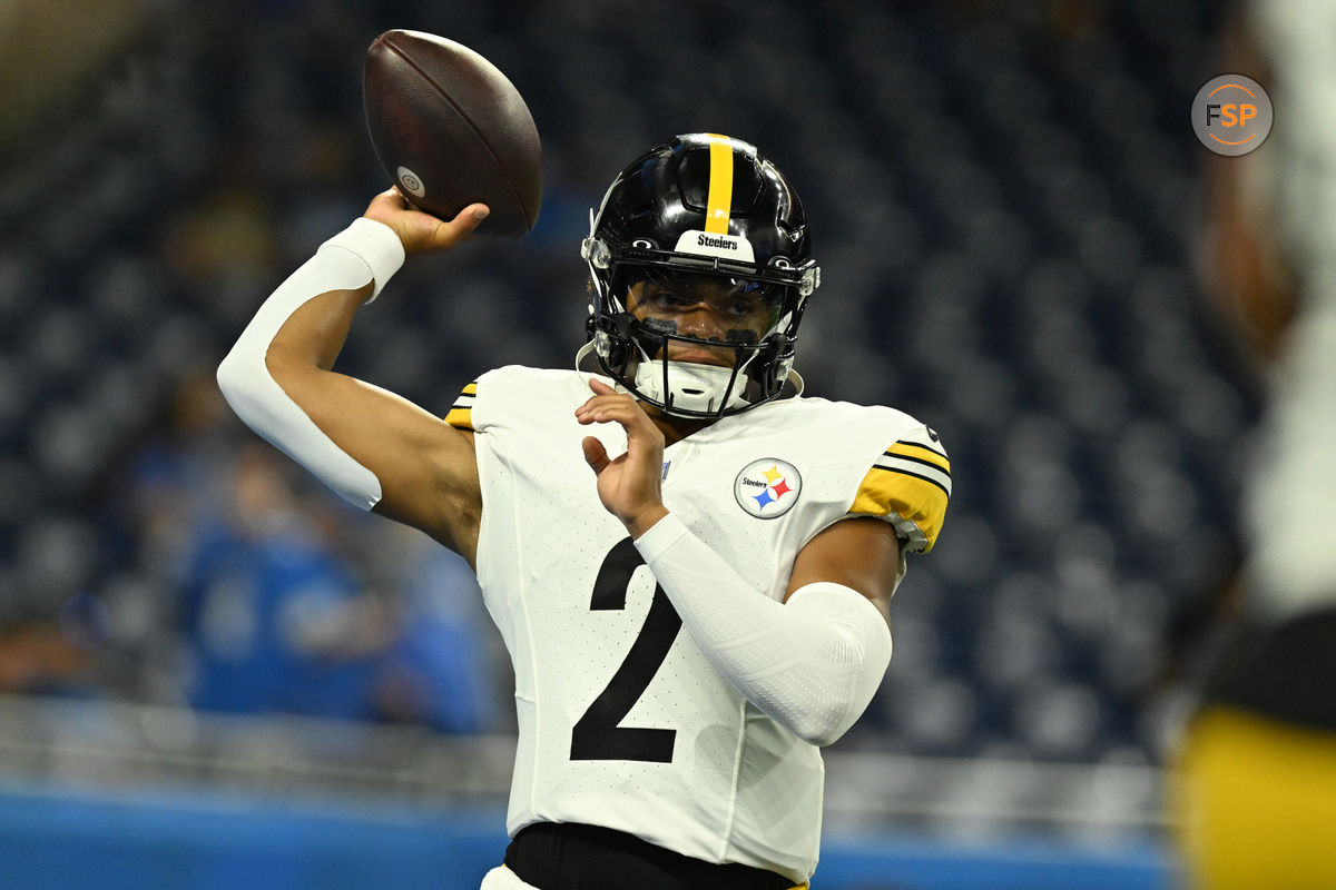 Aug 24, 2024; Detroit, Michigan, USA;  Pittsburgh Steelers quarterback Justin Fields (2) warms up before their game against the Detroit Lions at Ford Field. Credit: Lon Horwedel-USA TODAY Sports