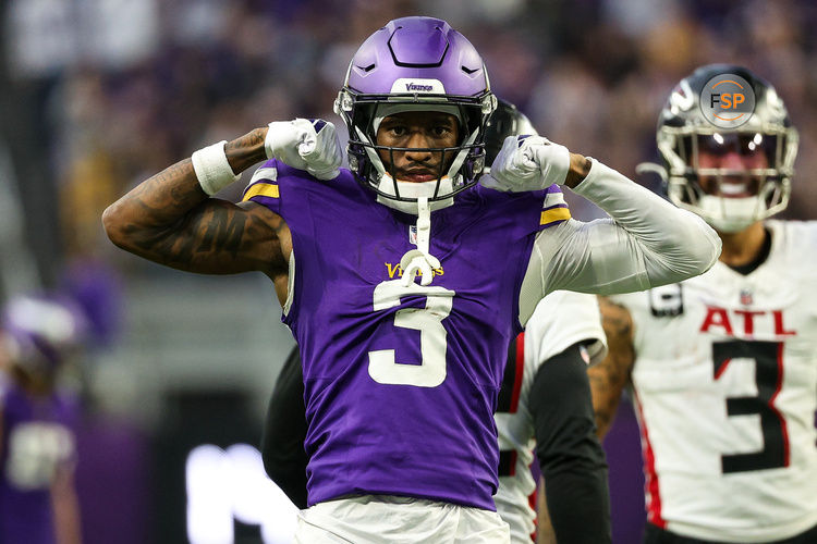 Dec 8, 2024; Minneapolis, Minnesota, USA; Minnesota Vikings wide receiver Jordan Addison (3) celebrates his catch against the Atlanta Falcons during the fourth quarter at U.S. Bank Stadium. Credit: Matt Krohn-Imagn Images